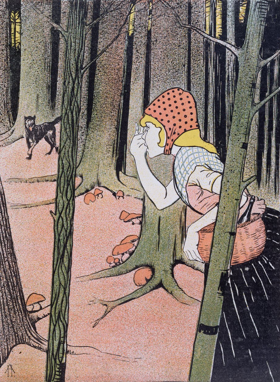 Červená karkulka vidí vlka v lese, ilustrace z Jugend vydaná v Mnichově 1896 od Adolf Hofer