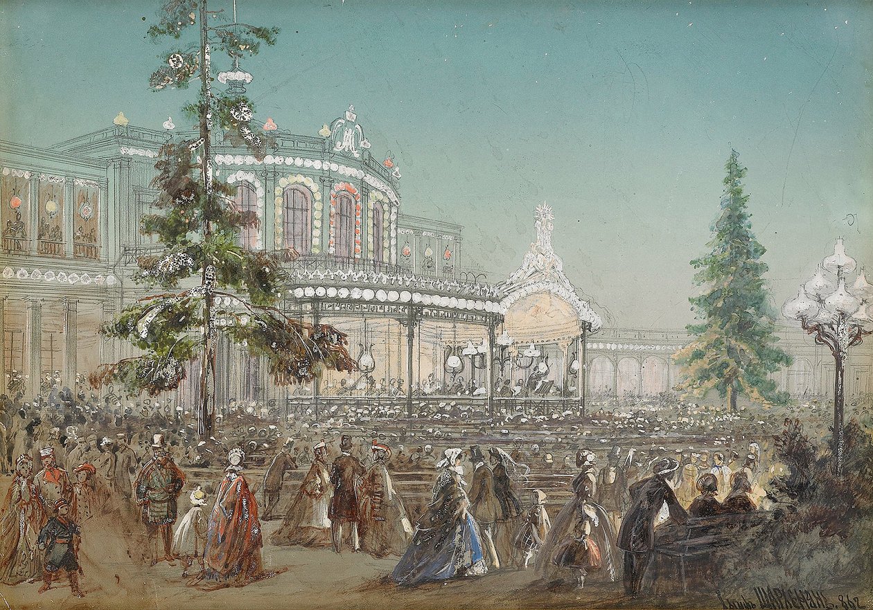 "Oslava 25. výročí dráhy Carskoe Selo v koncertní síni Pavlovského nádraží" od Adolfa Karla Velikého (1826-1901), Kvaš na kartonu od Adolf Jossifowitsch Charlemagne