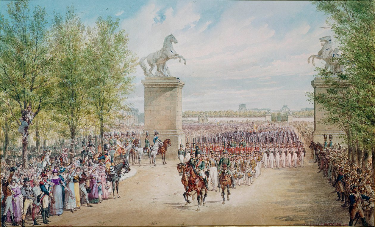 Car Alexandr I. (1777-1825) stoupá se svou armádou v Paříži na Champs Elysees v roce 1814. Obraz Adolfa Karla Velikého (1827-1901) od Adolf Jossifowitsch Charlemagne