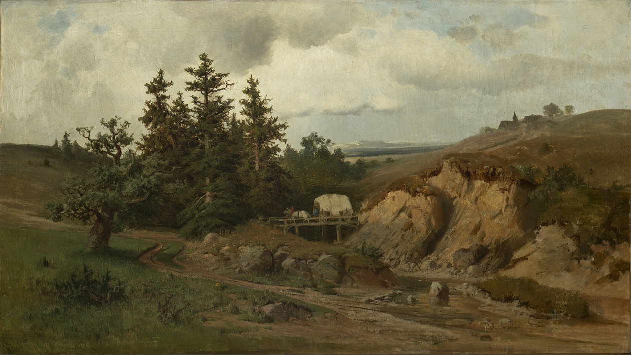 Krajina s dřevěným mostem - Krajina s dřevěným mostem - Adolf Kosarek (1830-1859). olej na plátně od Adolf Kosárek