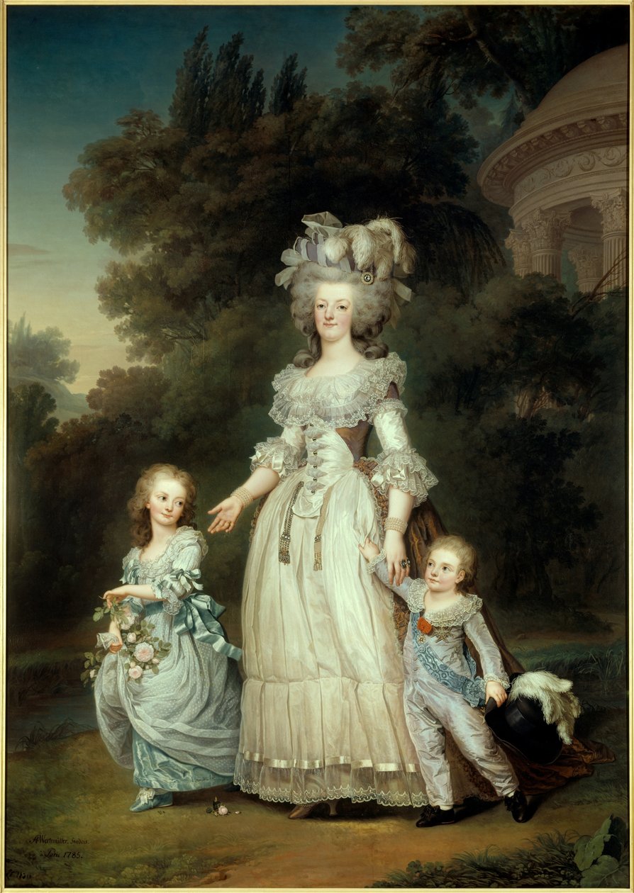 Portrét u nohou královny Francie Marie Antoinetty (1754-1793) s Marií Therese nebo Madame Royale (1778-1851) a prvním dauphinem Louisem Josephem Xavierem Francoisem nebo Louisem de France (1781-1789) procházejícími zahradami Trianonu Malování podle Ad od Adolf Ulrich Wertmuller