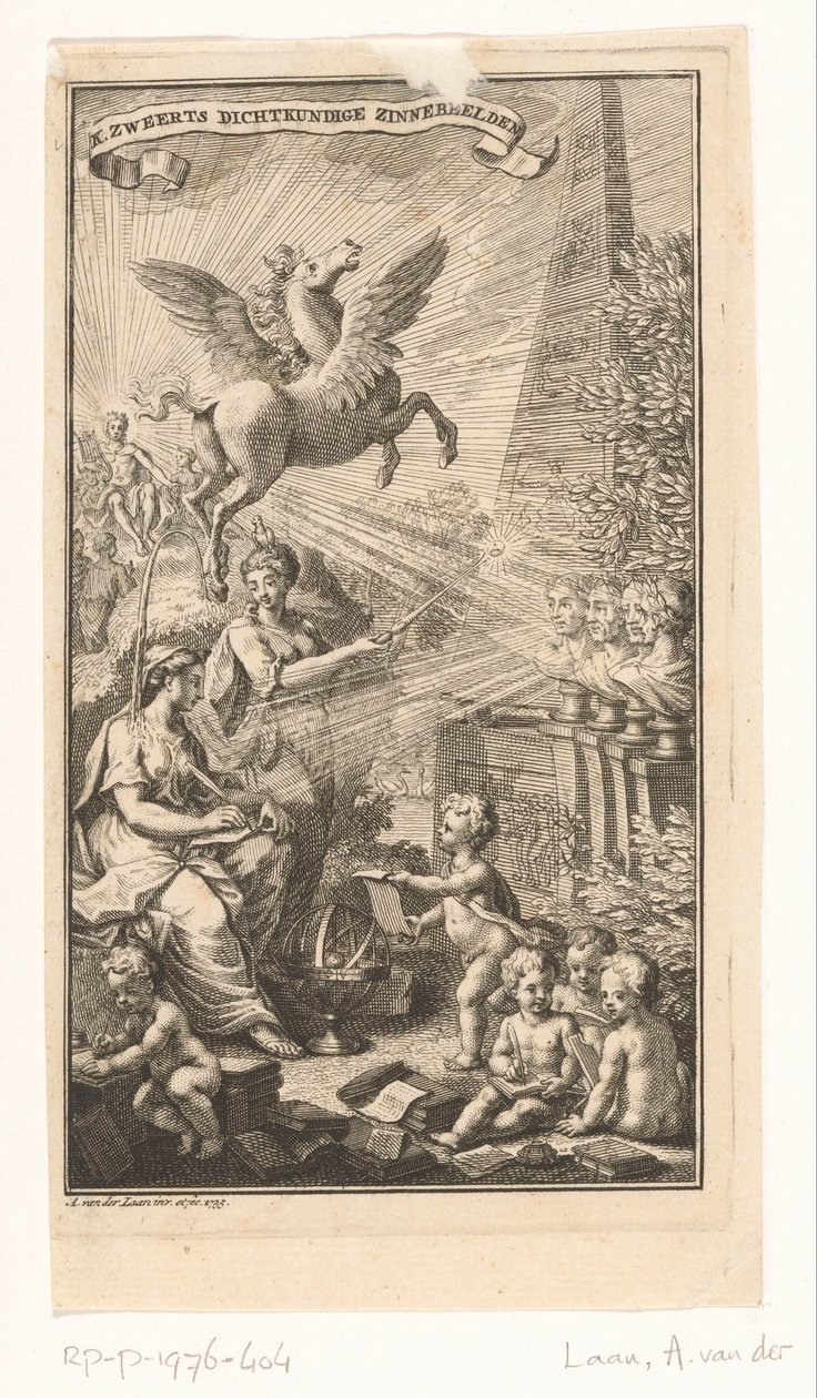 Alegorická scéna s psaním ženy, busty, Pegasem a Apollónem Titulní strana pro: Cornelis Sweerts, Poetické symboly, 1736 od Adolf van der Laan