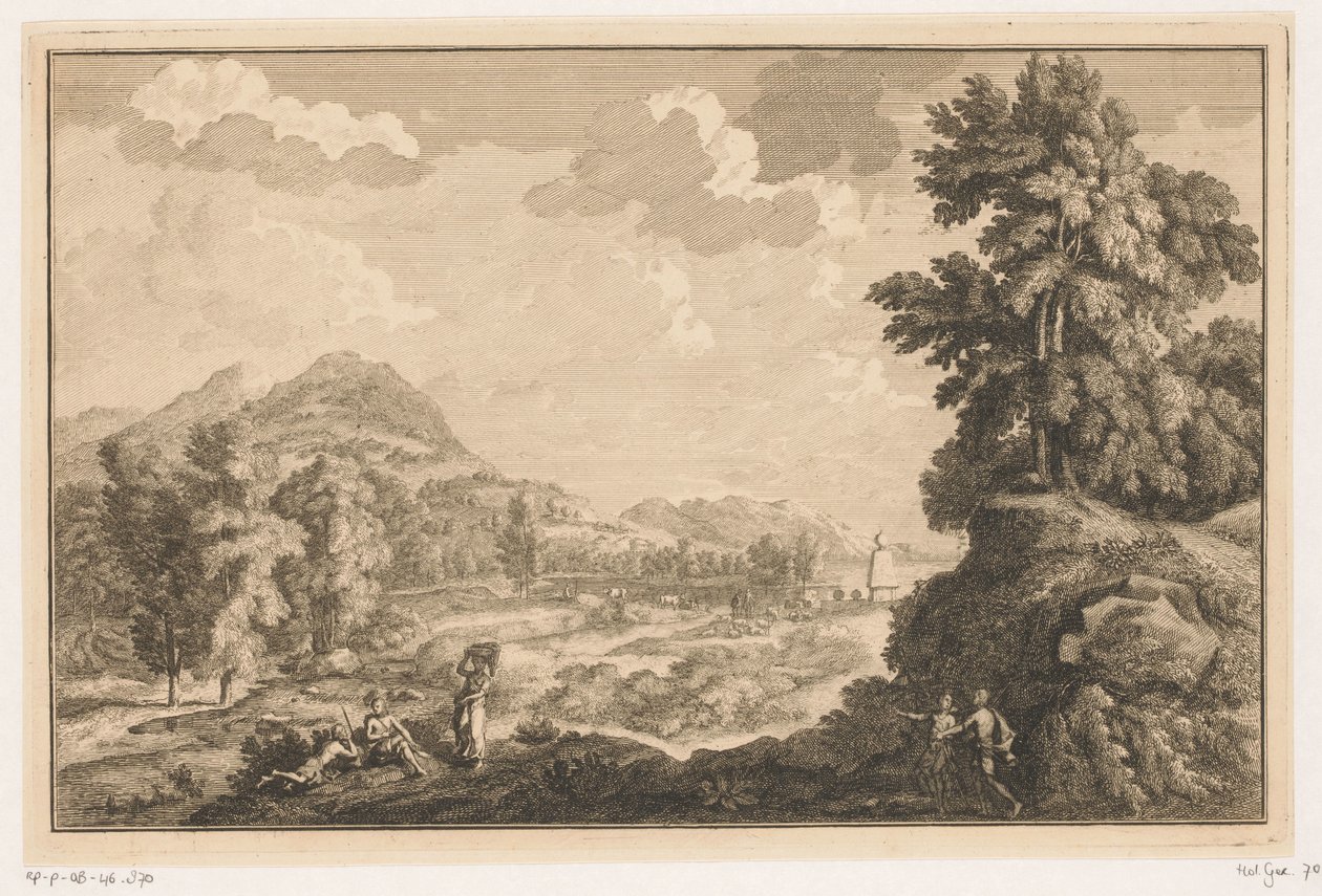 Krajina Arcadian River s pastýři a ženou s košem na prádlo Italské a německé krajiny (název série) od Adolf van der Laan