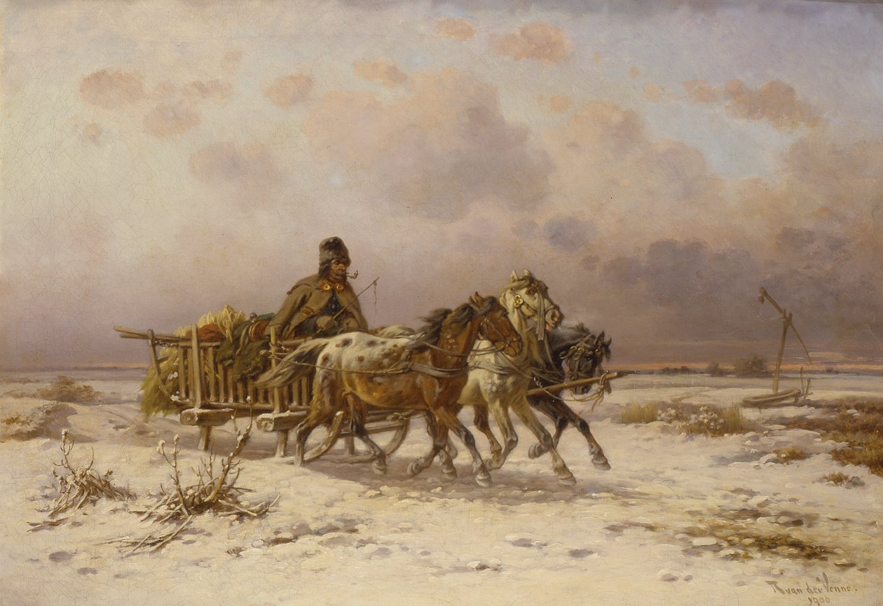 Rolník na saních řídí tři koně od Adolf van der Venne