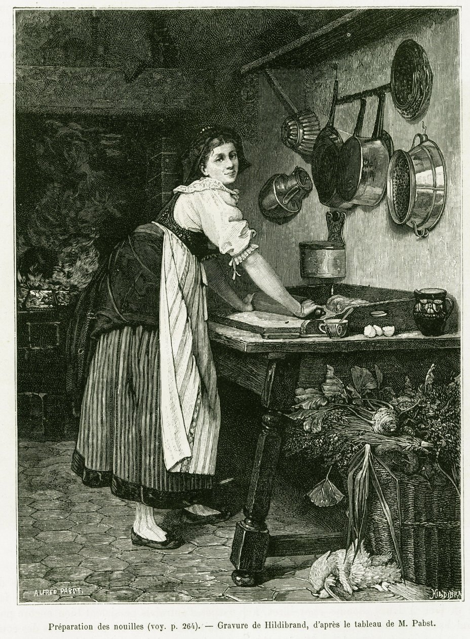 Příprava nudlí. Rytina od Hildibranda k ilustraci příběhu A Through Alsace and Lorraine, v roce 1887, Charles Grad, německý zástupce, v tour du monde 1888, režie Edouard Charton (1807-1890), Hachette, Paris. od Adolf von Hildebrand