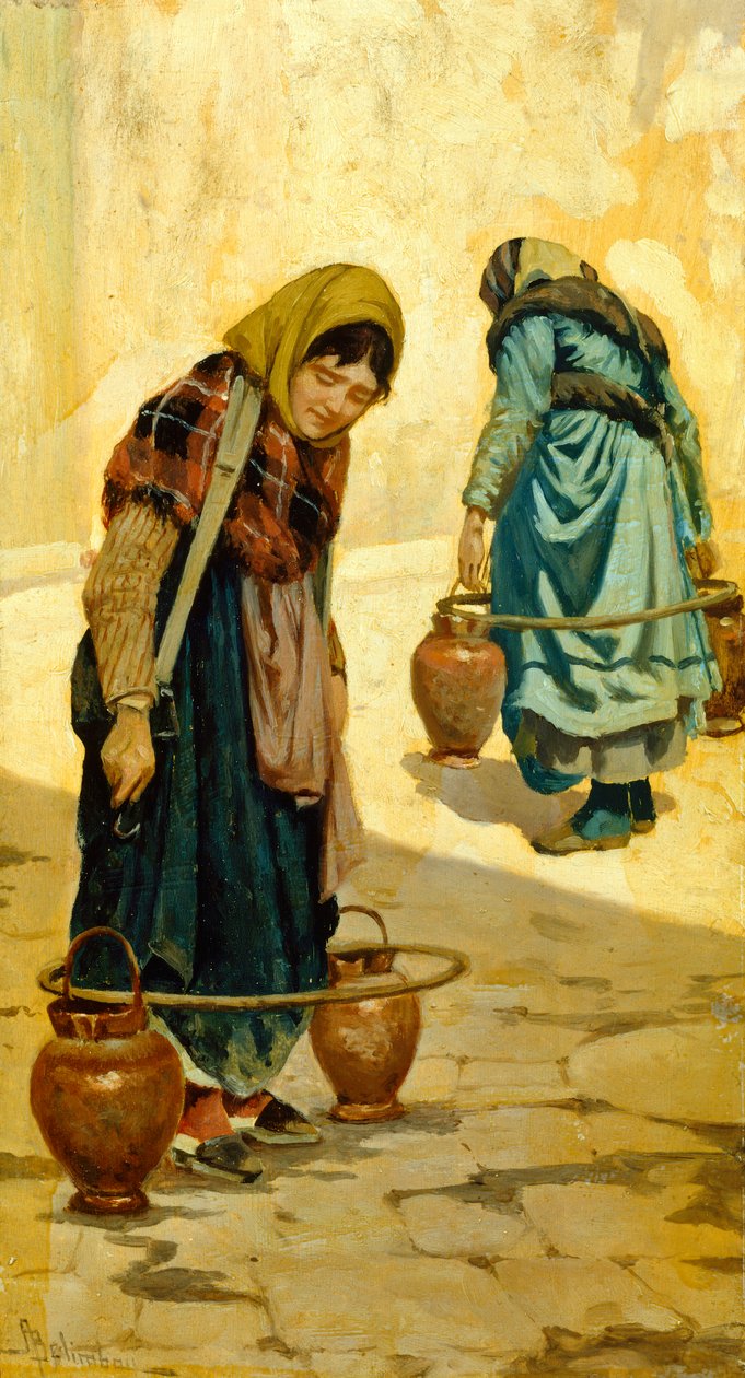 Vodní nosiče od Adolfa Belimbaua (1845-1938), olej na desce, 33x18 cm, cca 1881 od Adolfo Belimbau