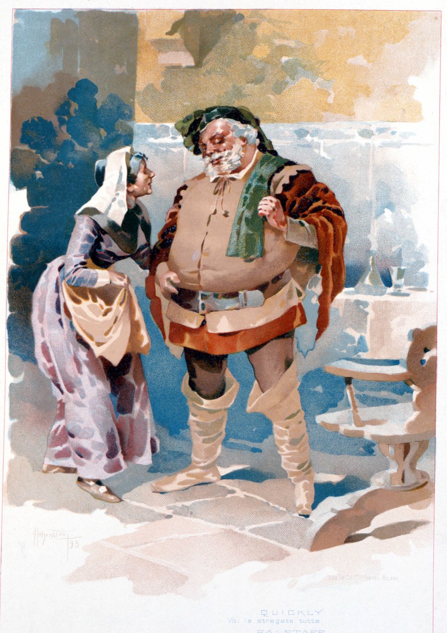 Třetí dějství opery Giuseppe Verdiho "" Falstaff "": Falstaff a rychle ("Všechny je okouzlíte ..."). Ilustrace Hohenstein. Muzeum divadla La Scala, Milán 1893 od Adolfo Hohenstein