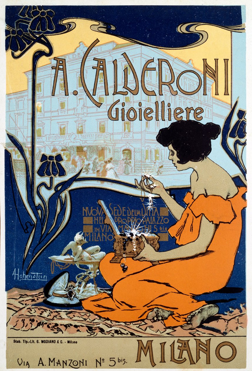 Reklamní plakát pro klenotníka Calderoni v Miláně, c1920 od Adolfo Hohenstein