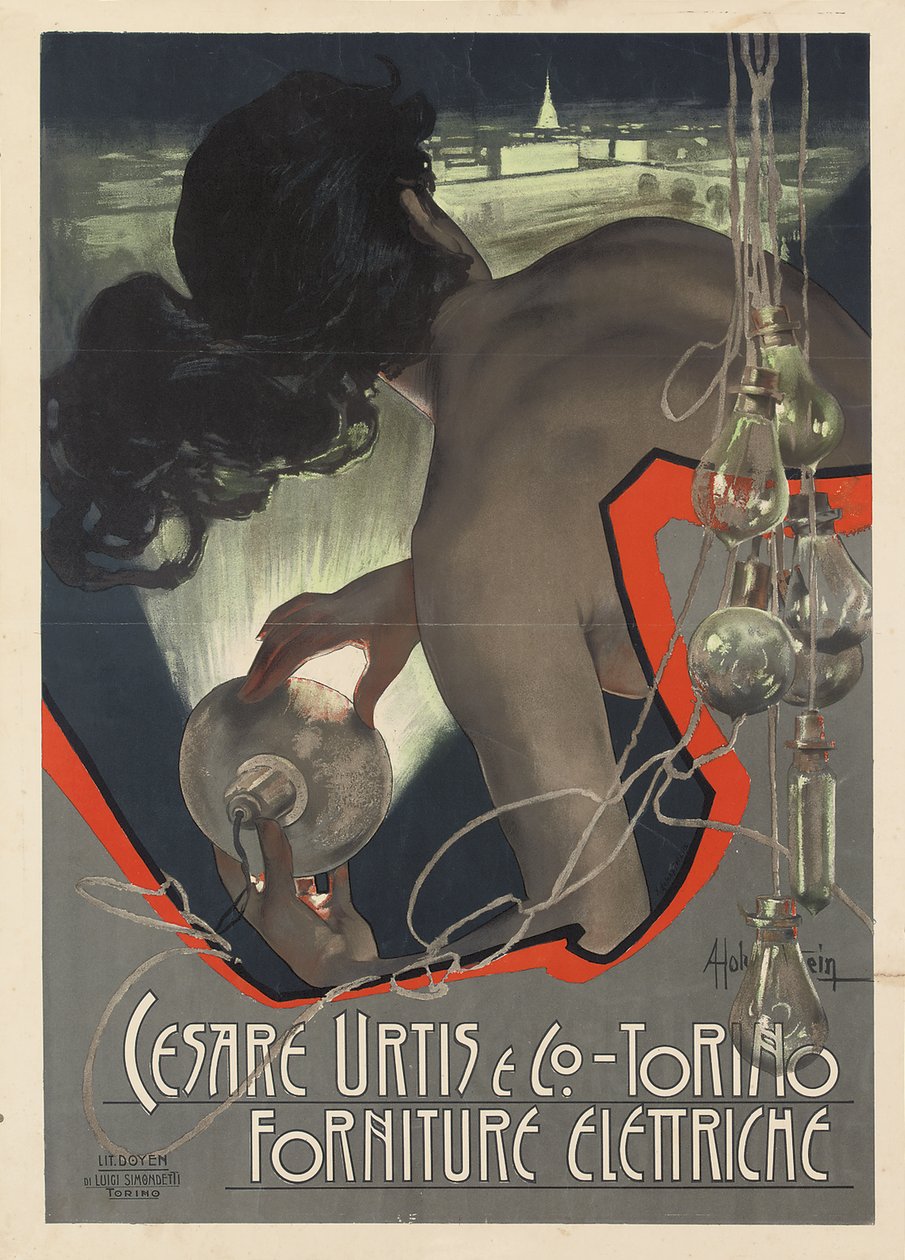 Reklamní plakát vyrobený pro italskou firmu na dodávky osvětlení Cesare Urtis & Co. z Turína, 1889 od Adolfo Hohenstein