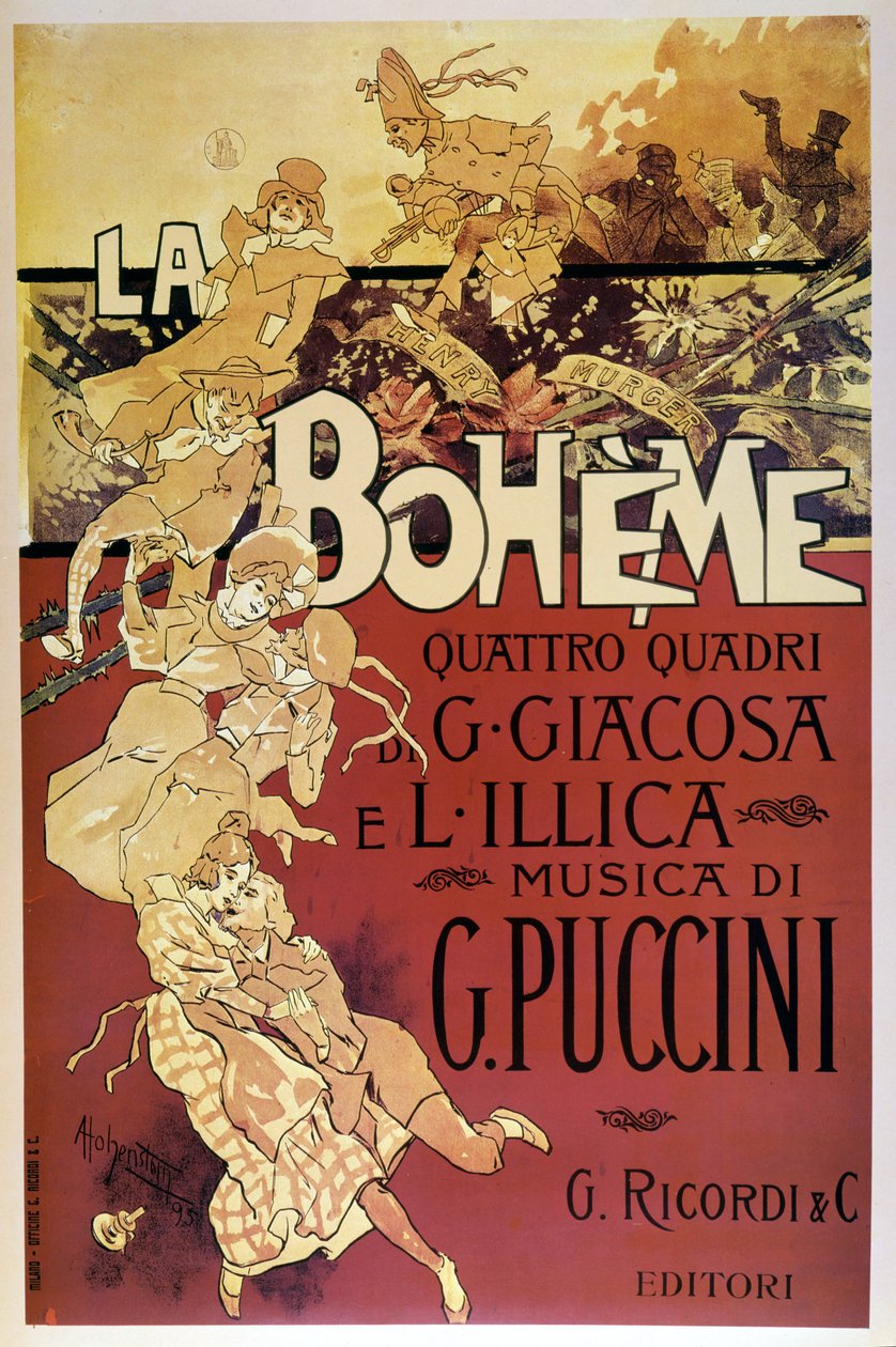 Plakát Bohémy od Adolfa Hohensteina k premiéře opery Giacoma Pucciniho v Teatro Regio di Torino, 1. 2. 1896. od Adolfo Hohenstein