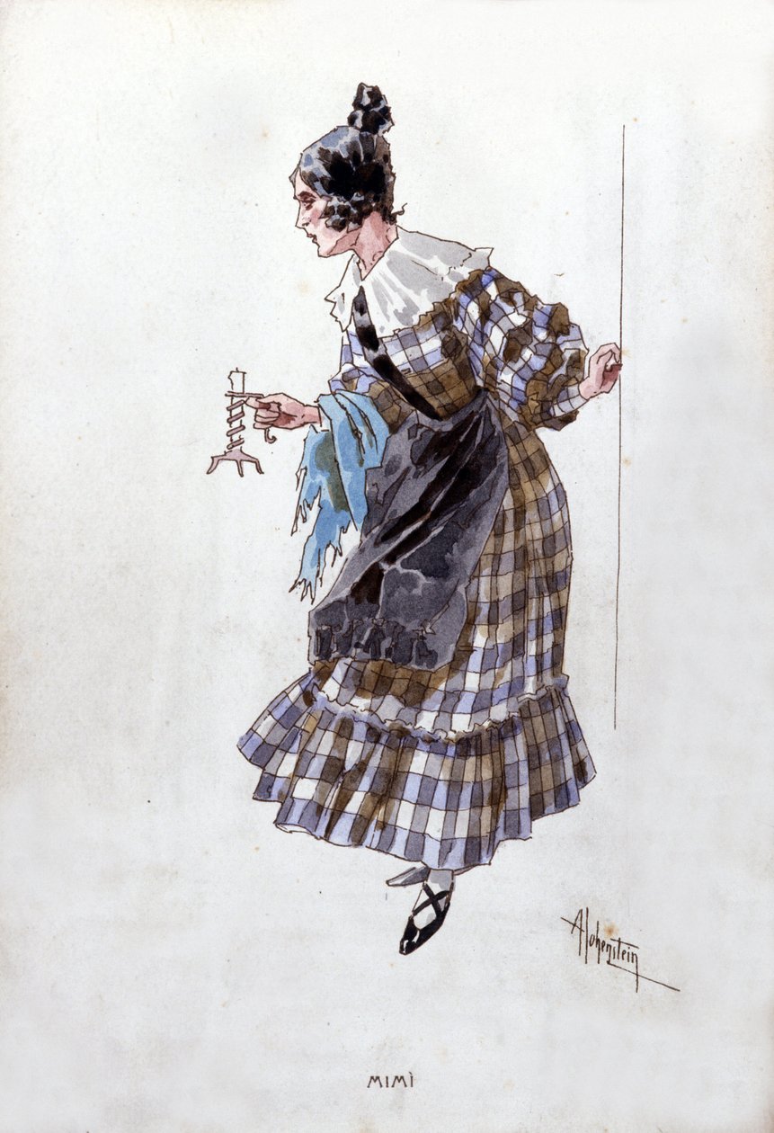 Kostým postavy Mimi pro operu „La Boheme““ od Giacoma Pucciniho (1858-1924). Akvarel od Adolfa Hohensteina. od Adolfo Hohenstein