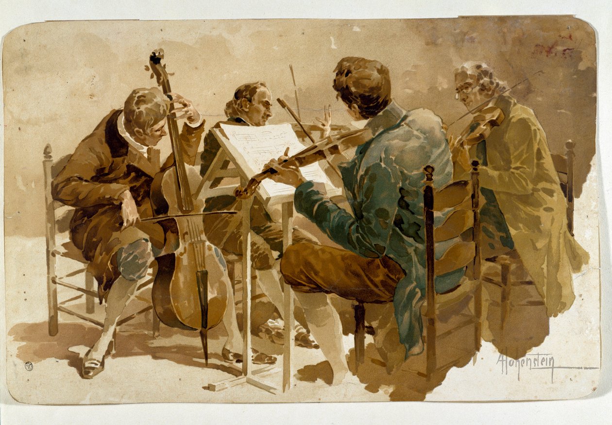 Čtyři hudebníci Tři houslisté a jeden violoncellista. Plakát Adolfa Hohensteina (1854-1928) Rozm. 293x454 cm Soukromá sbírka od Adolfo Hohenstein