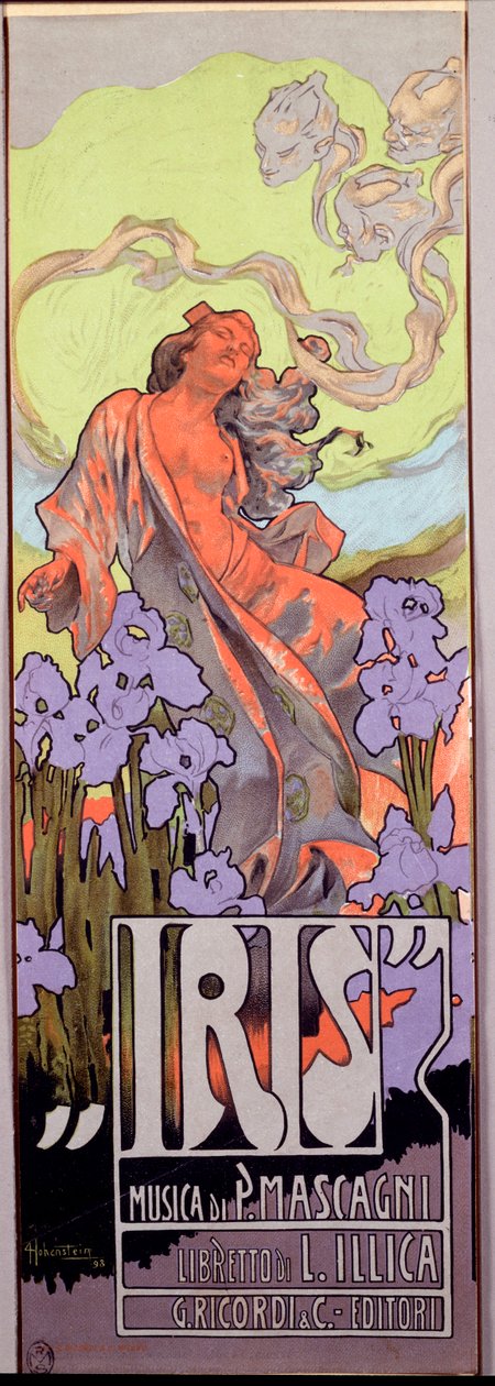 Iris Opera složil Pietro Mascagni a italské libreto Luigi Illica (1898). Plakát ilustrovaný Adolfem Hohensteinem (1854-1928) 1910 Rozm. Milánská soukromá sbírka 10x29,5 cm od Adolfo Hohenstein
