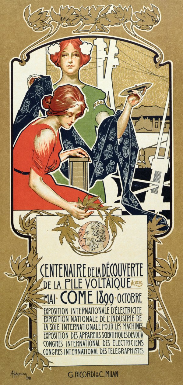 Plakát propagující sté výročí objevení voltaické hromady, 1899 od Adolfo Hohenstein