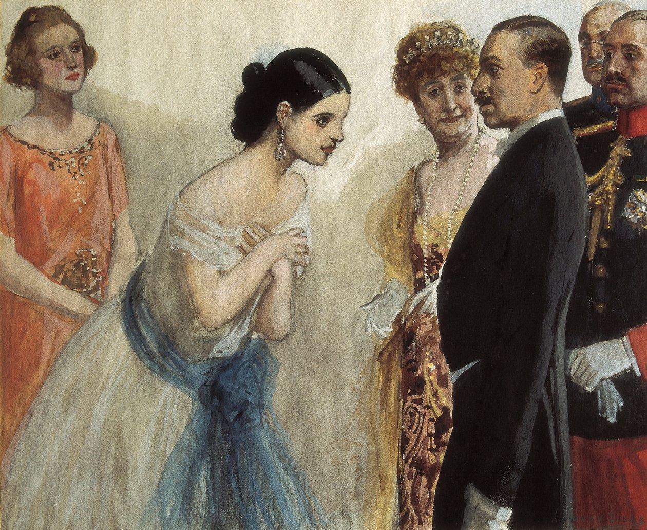 Prezentace dámy Alfonsovi (Alphonse) XIII. Španělsku (1886-1941). Obraz Adolfo Lozano Sidro (1872-1935), olej na plátně. Soukromá sbírka. od Adolfo Lozano Sidro