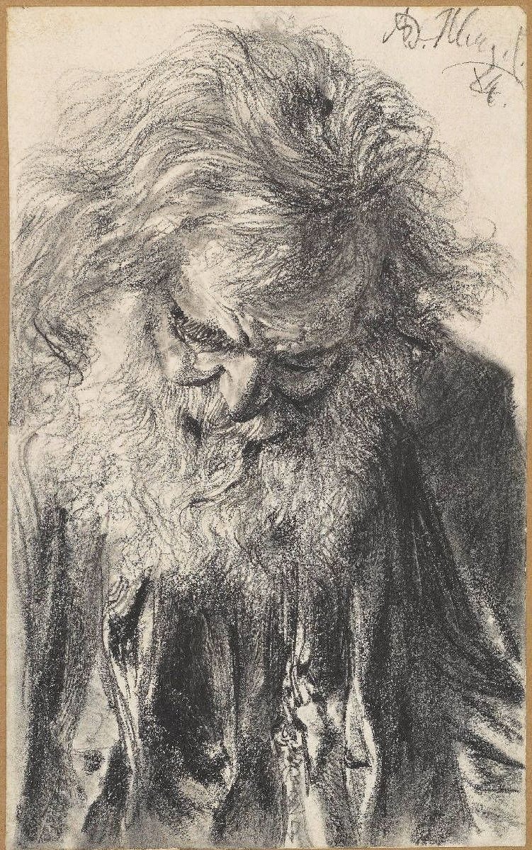 Poloviční délka vousatého staříka se skloněnou hlavou od Adolph Menzel