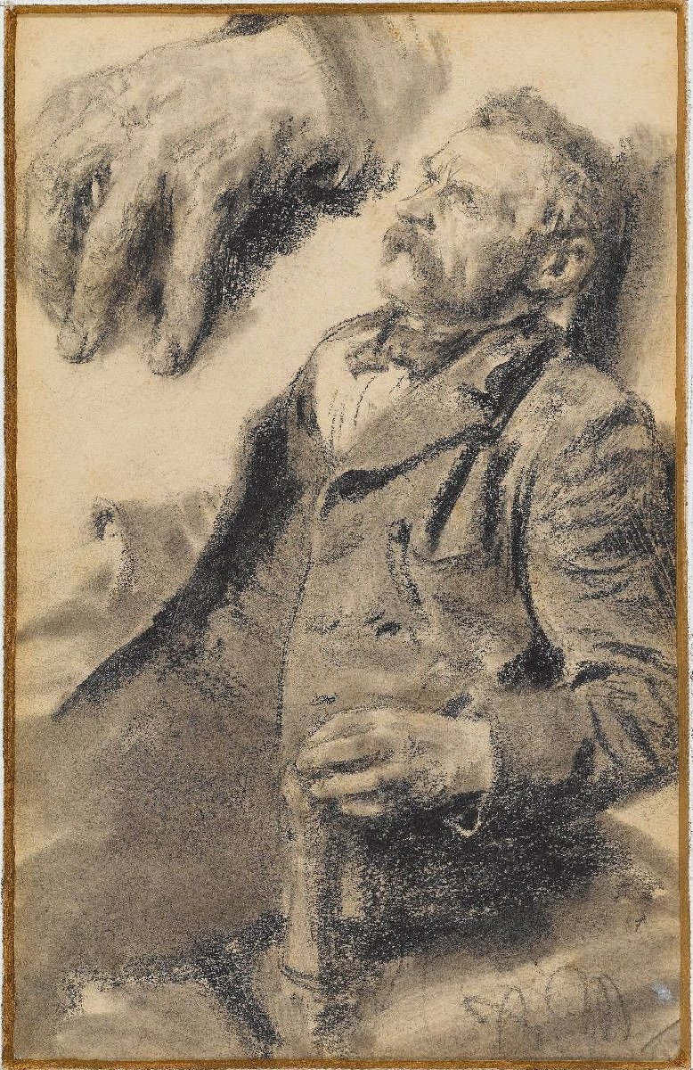 Studie sedícího muže, studie levé ruky nad levou od Adolph Menzel