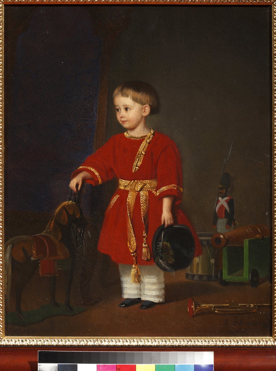 ""Portrét chlapce v červených šatech s vojenskými hračkami" Obraz Adolfa Jebense (1819-1888) 1849 Muzeum uměleckých a pedagogických hraček, Sergiyev Posad od Adolph Gebens