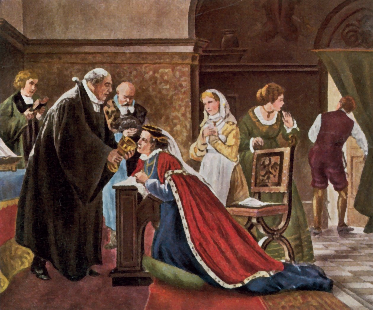 Kurfiřtka Alžběta přijímá podle protestantského obřadu (barevná litografie) od Adolph (after) Treidler