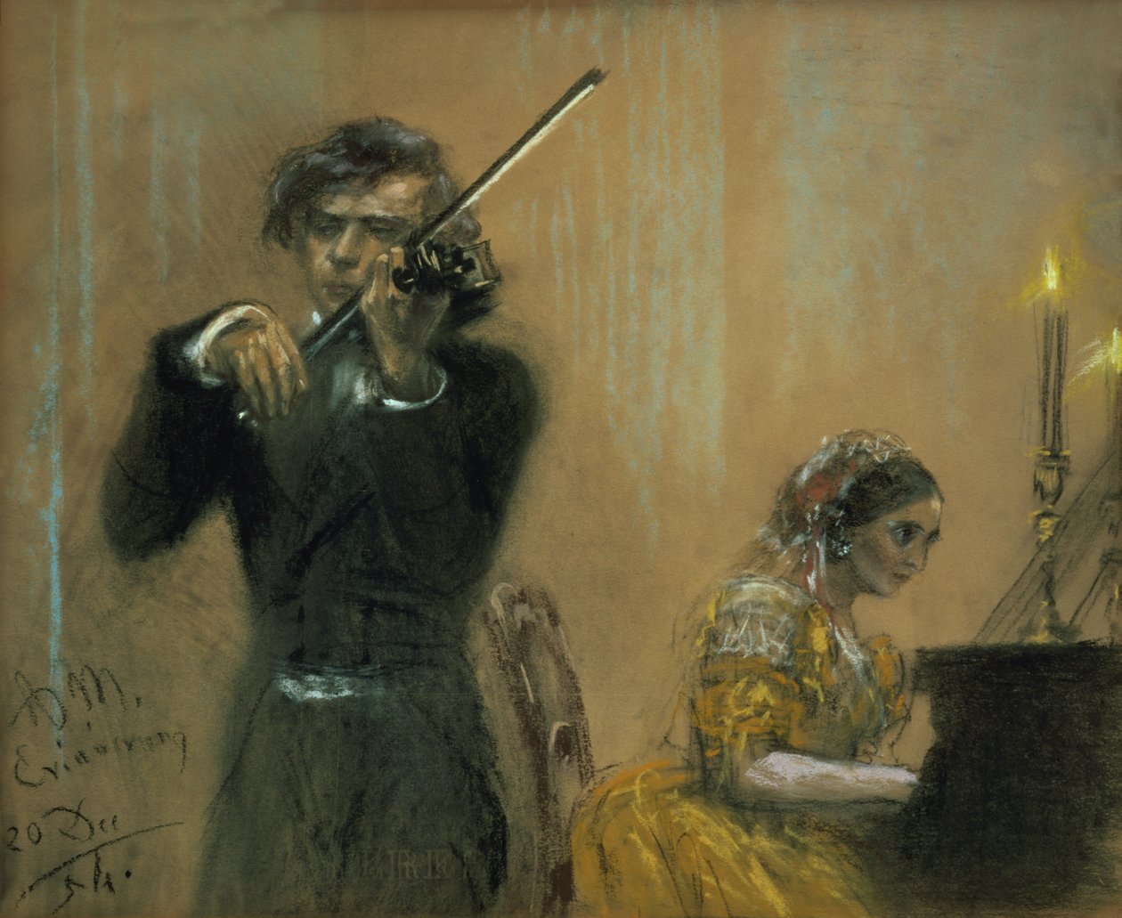 Clara Schumann (1819-96) a Joseph Joachim na koncertě od Adolph Menzel