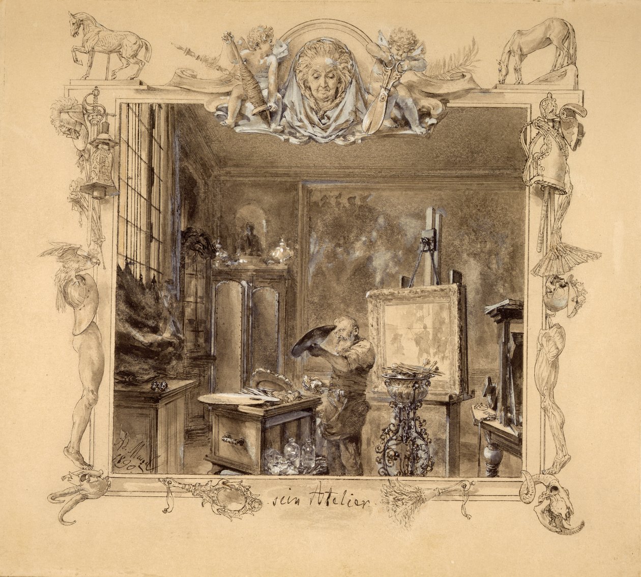 Jeho studio, 1890 (pero a inkoust na papíře) od Adolph Menzel