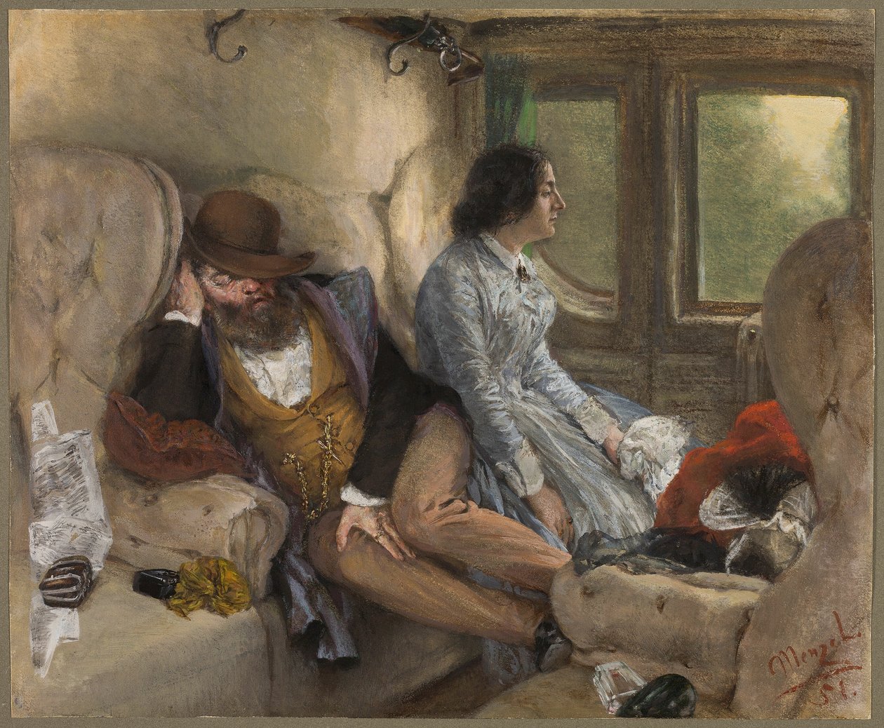 V železničním vagónu (po noční cestě) od Adolph Friedrich Erdmann von Menzel