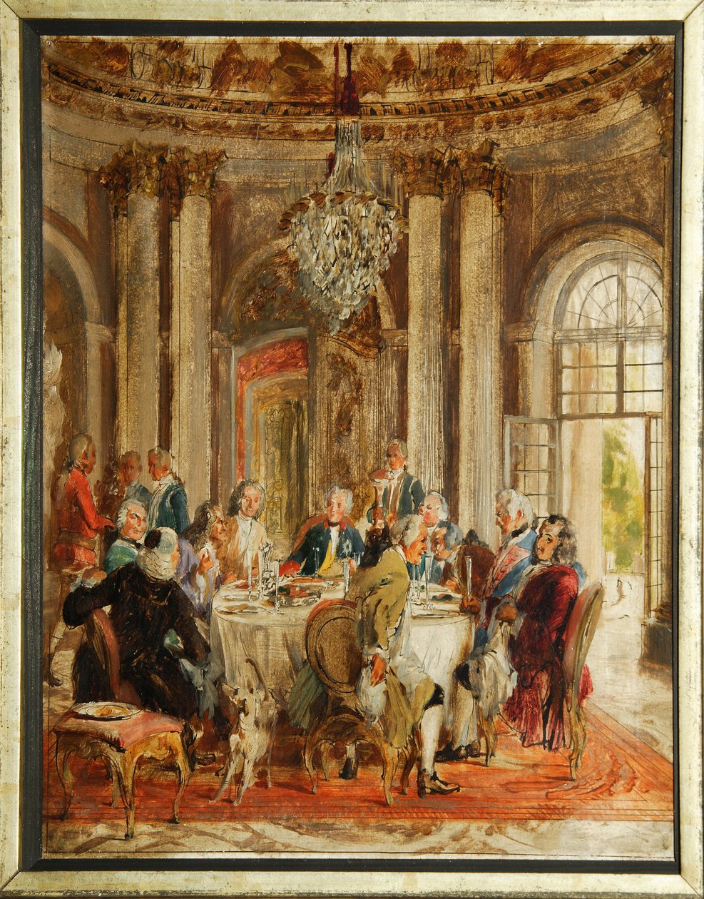 Kulatý stůl Fridricha II. Pruského (1712-1786) s Voltairem (Francois-Marie (Francois Marie) Arouet de Voltaire (1694-1778) a Christophem Ludwigem von Stille (1696-1752) v paláci Sanssouci - von Friedrich von Sketch od Adolpha Menzel (1815-1905), olej od Adolph Menzel