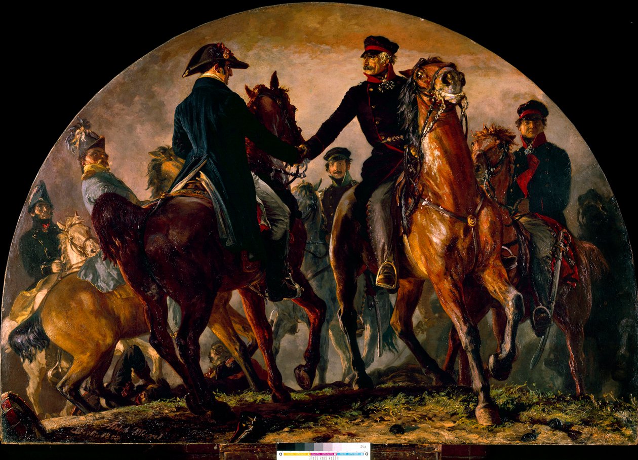 Setkání Gebharda Leberechta von Bluchera (1742-1819) a Arthura Wellesleyho Wellingtona (1769-1852) v bitvě u La Belle Alliance (1815). Obraz Adolfa Menzela (1815-1905) Ec. Všechno od Adolph Menzel