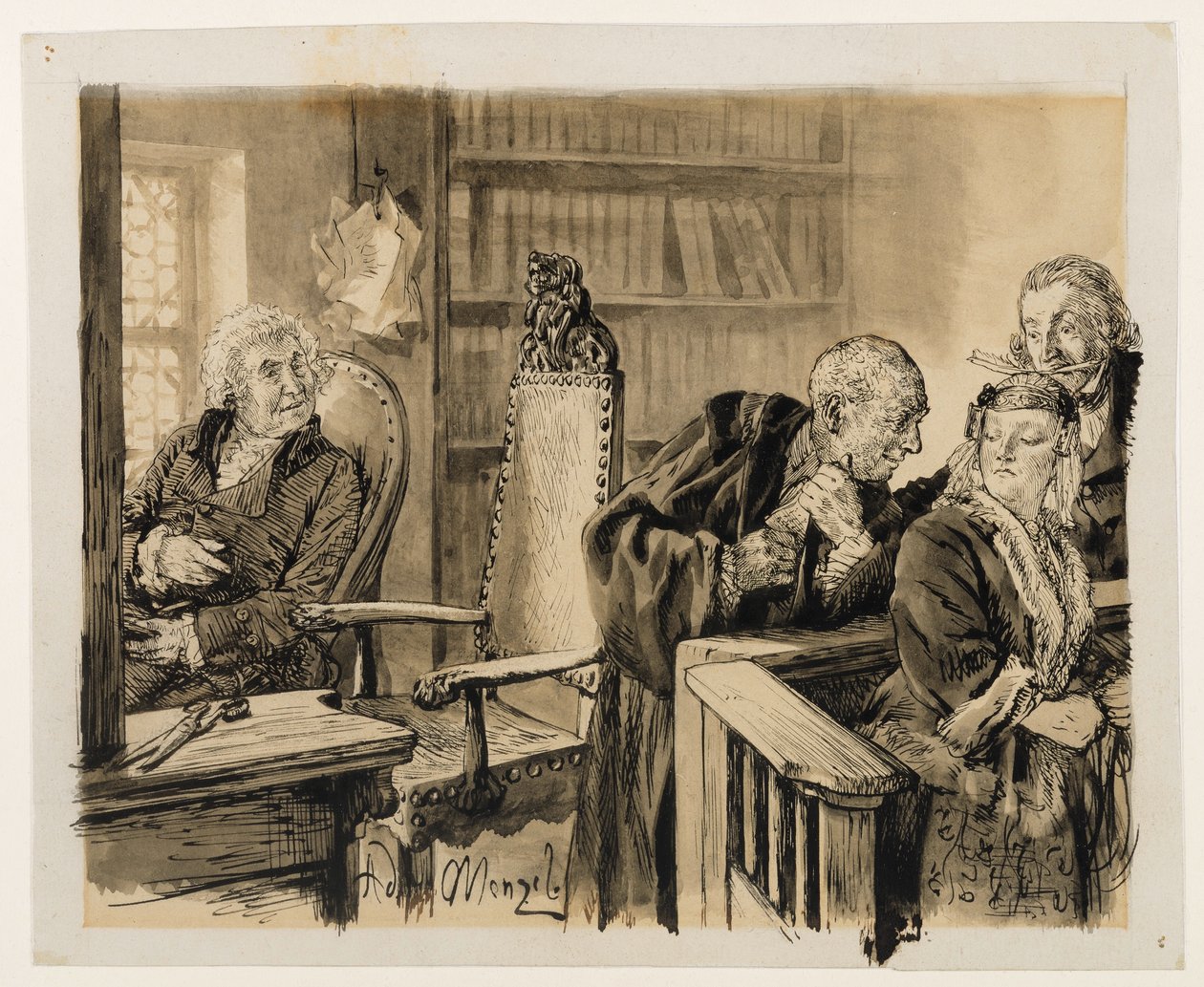 Adam tajně hovoří s Evou. Licht je poslouchá. Soudní rada povolá Adama zpět na soudní stolici. Heinrich von Kleist, Zlomený džbán od Adolph Menzel