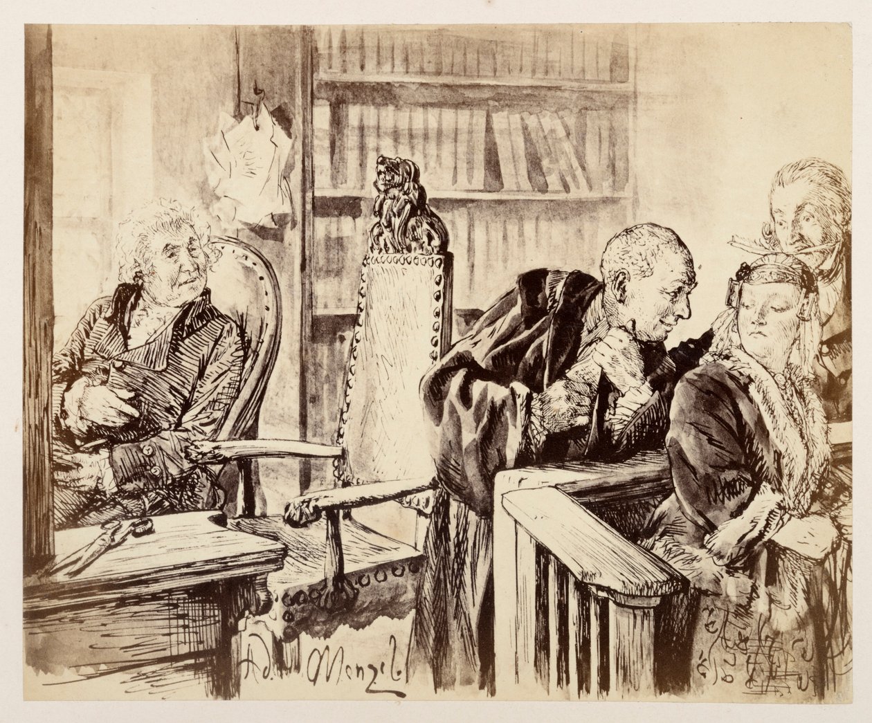 Adam tajně hovoří s Evou. Licht poslouchá. Soudní rada volá Adama zpět na soudcovské křeslo, k dílu Heinricha von Kleista „Rozbitý džbán“ od Adolph Menzel