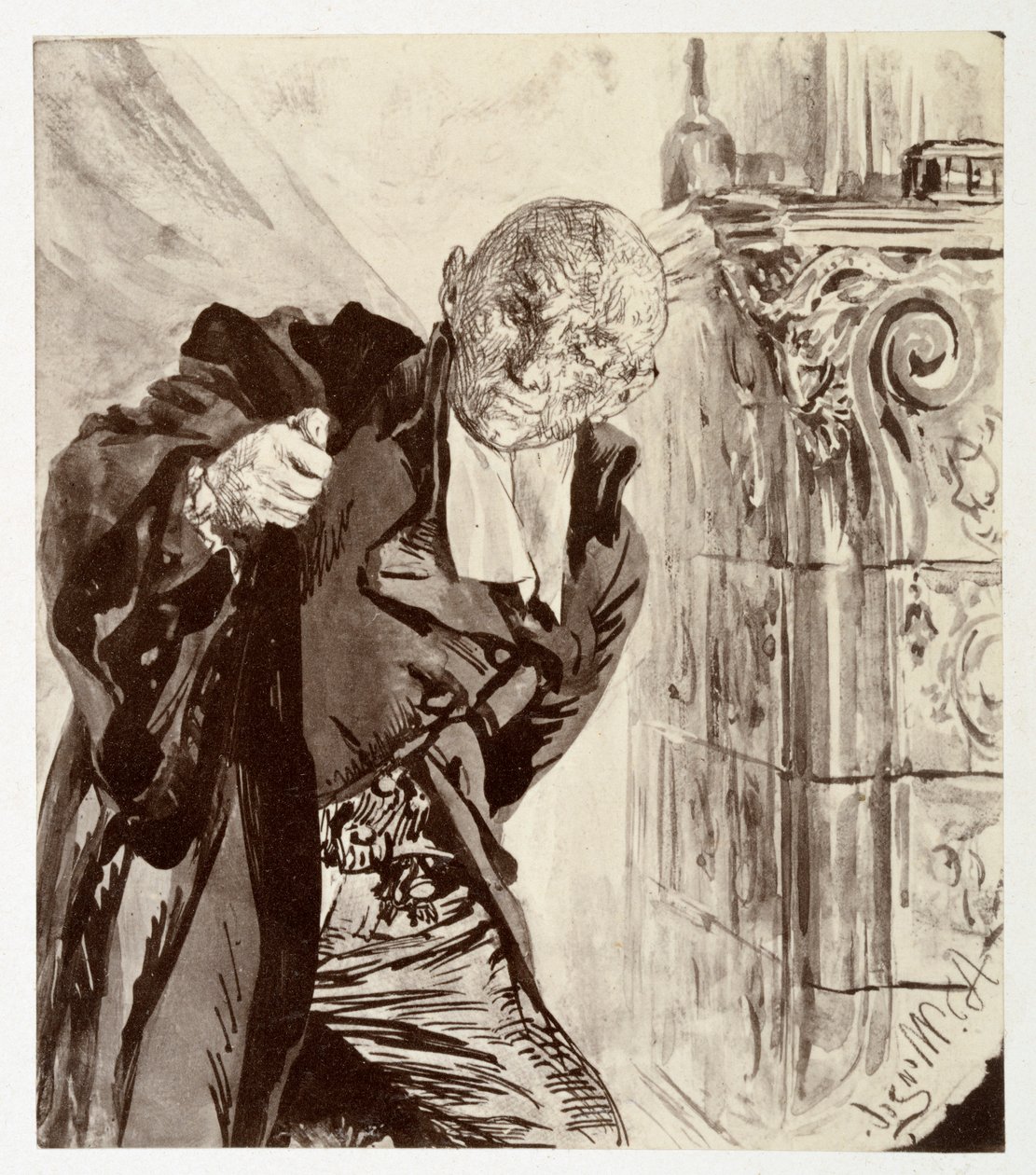 Adam, stojící vpravo vedle kachlových kamen, si obléká soudcovský talár – podle díla Heinricha von Kleista „Rozbitý džbán“ od Adolph Menzel