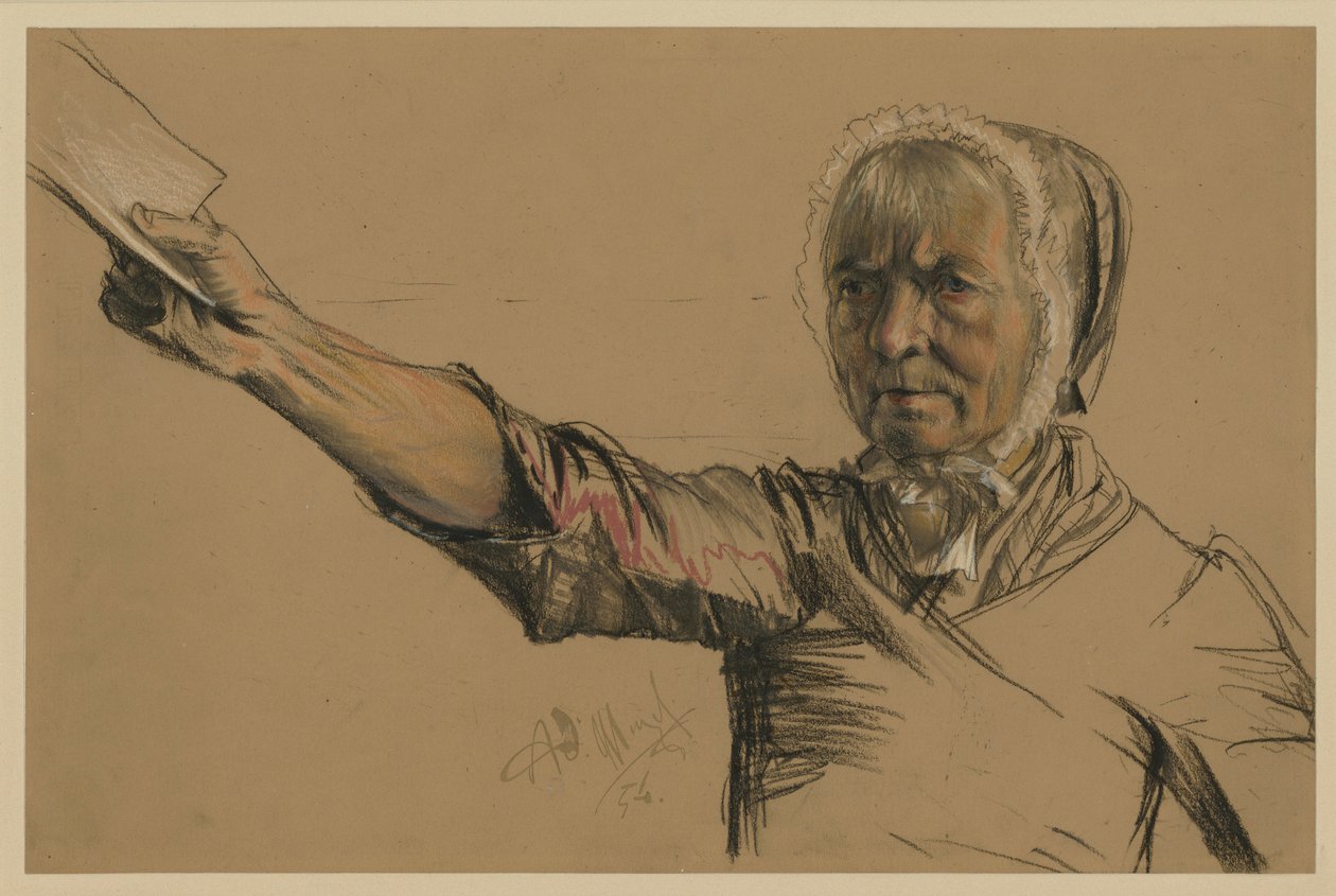 Starší žena, která pravou rukou podává petici od Adolph Menzel