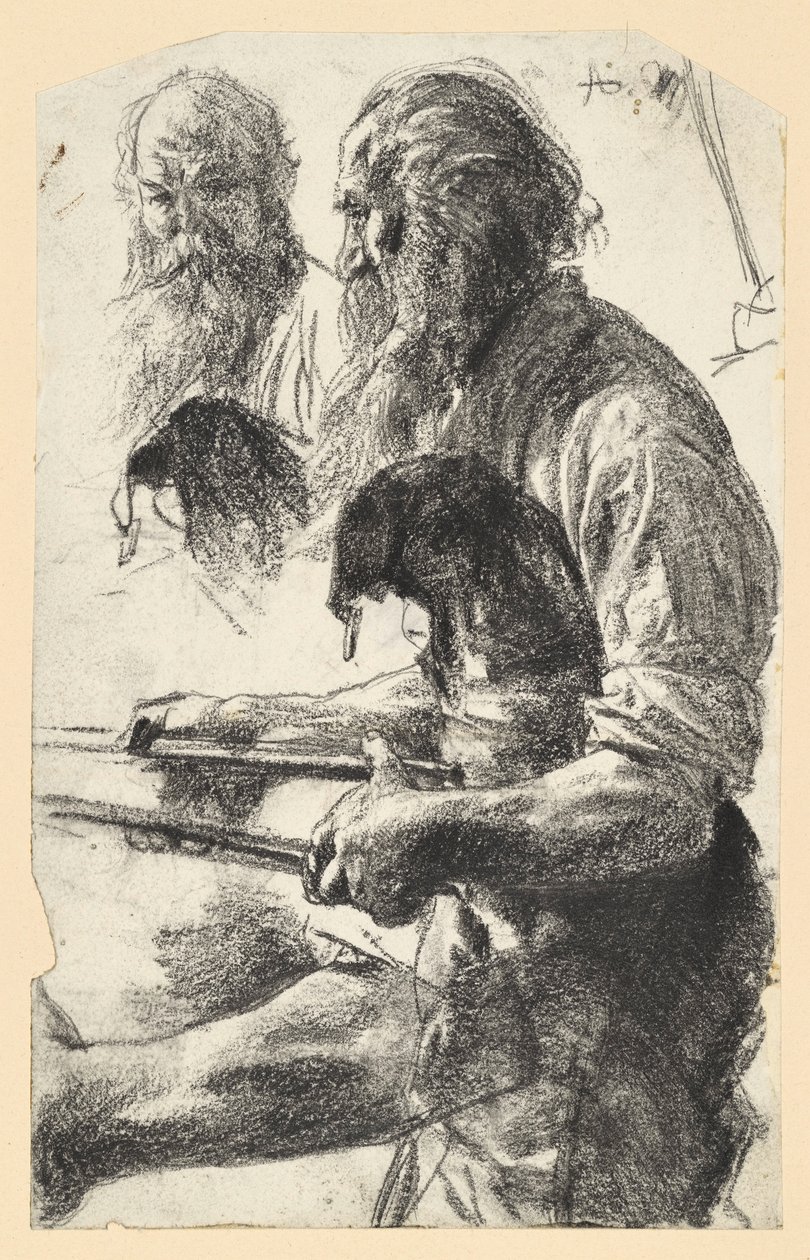 Starý železář s kožešinovou zástěrou a kleštěmi v ruce. Studie k dílu „Válcovna železa. Moderní kyklopové“ od Adolph Menzel