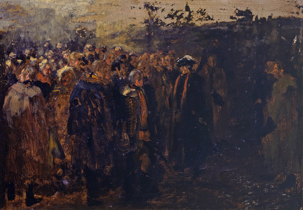 Projev Fridricha Velikého k jeho generálům před bitvou u Leuthenu. Náčrt od Adolph Menzel