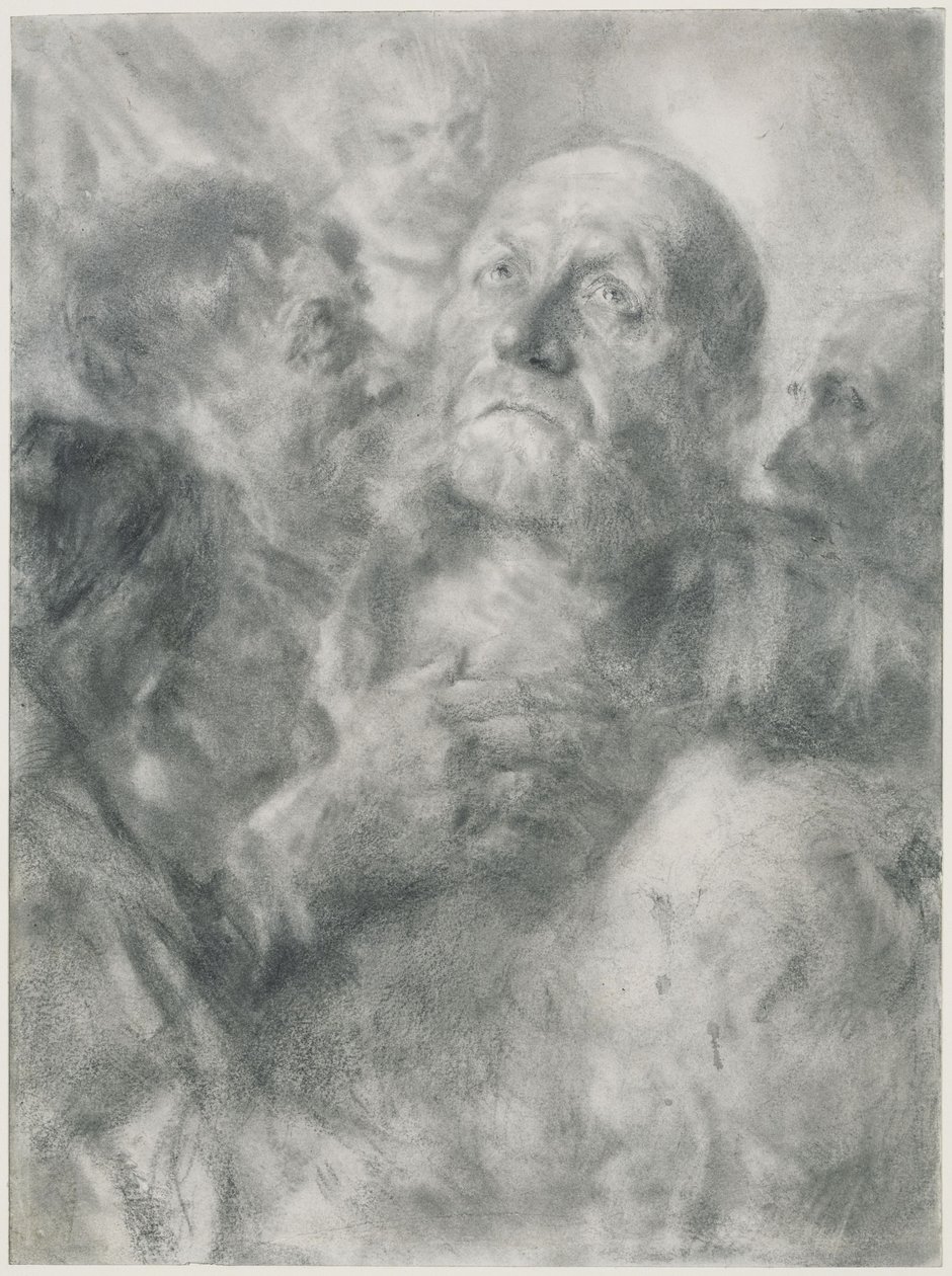 Starý muž vzhlížející vzhůru a čtyři tváře od Adolph Menzel