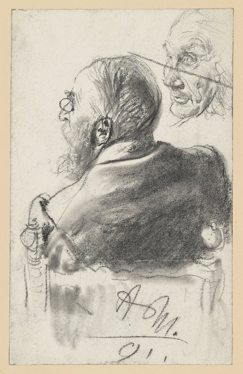 Vousatý muž se skřipcem sedící v křesle, pohled zezadu, tvář starého muže od Adolph Menzel