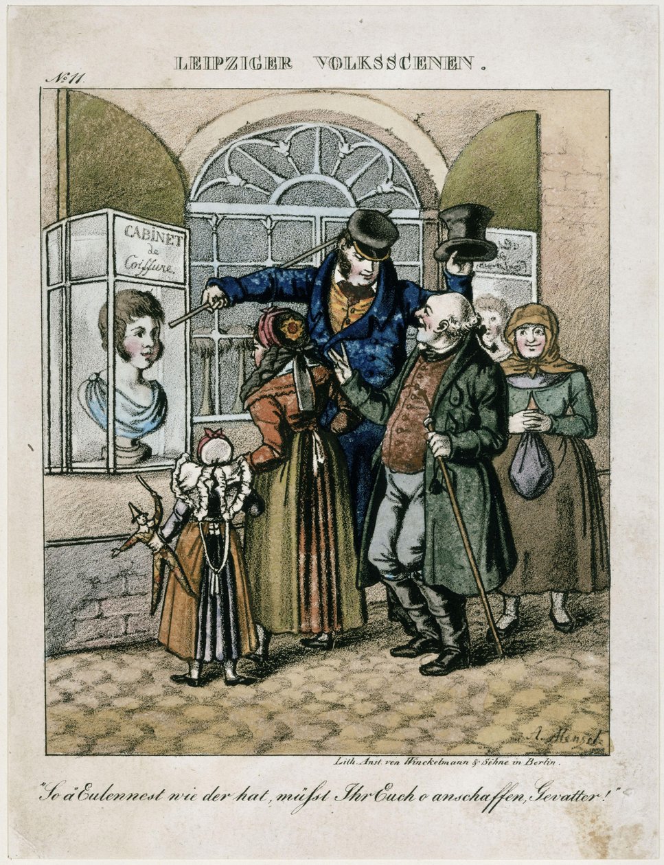 Sedláci před voskovou bustou kadeřníka. Z díla: Lidové scény z Lipska od Adolph Menzel