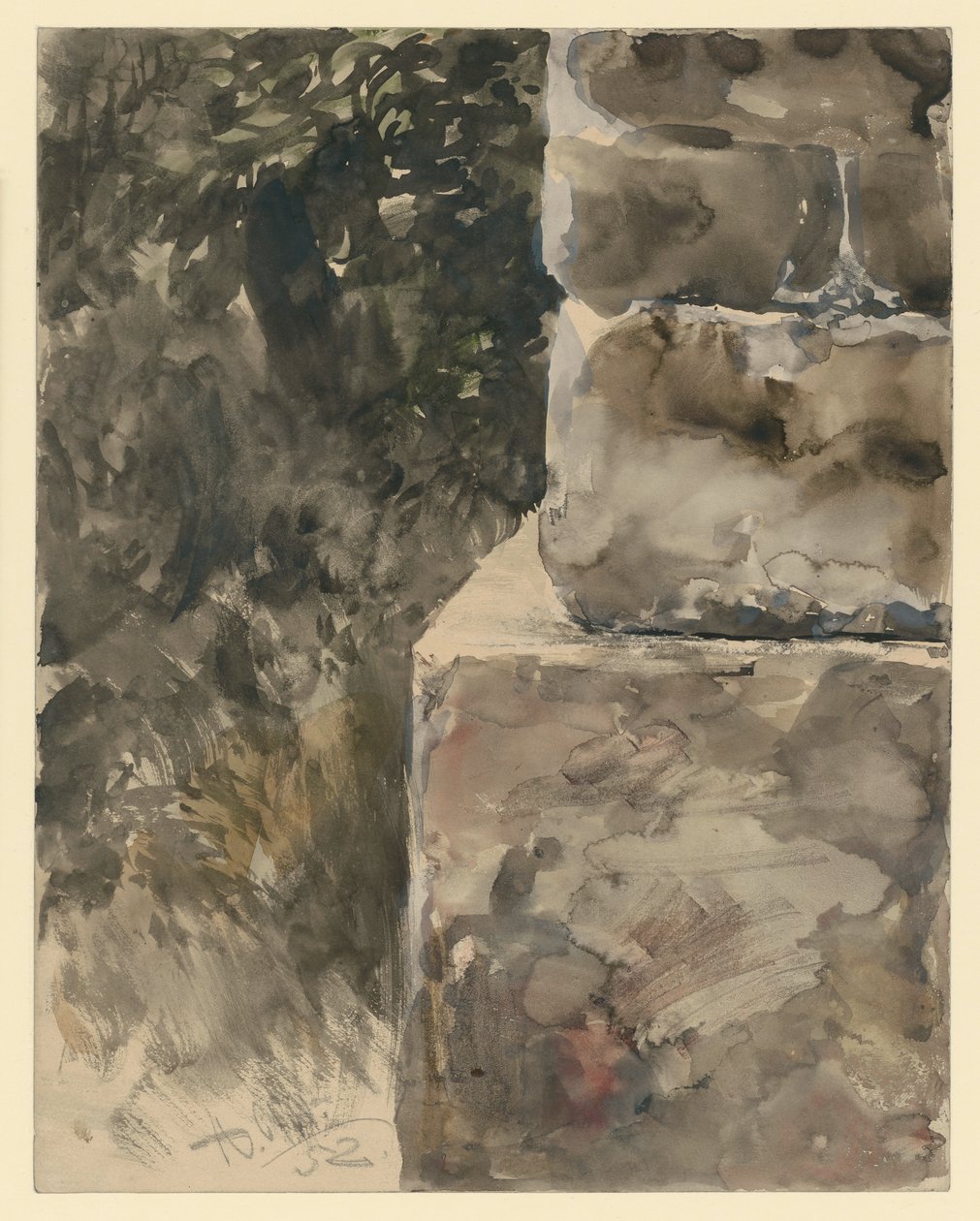 Listoví stromu u kamenného soklu od Adolph Menzel