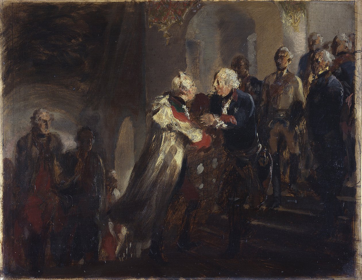 Setkání Fridricha II. s císařem Josefem II. v Nise roku 1769. Skica od Adolph Menzel