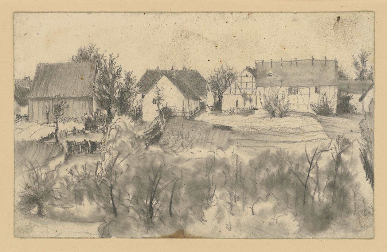 Pohled na stodoly a selské domy, v popředí nízké stromy a křoviny od Adolph Menzel