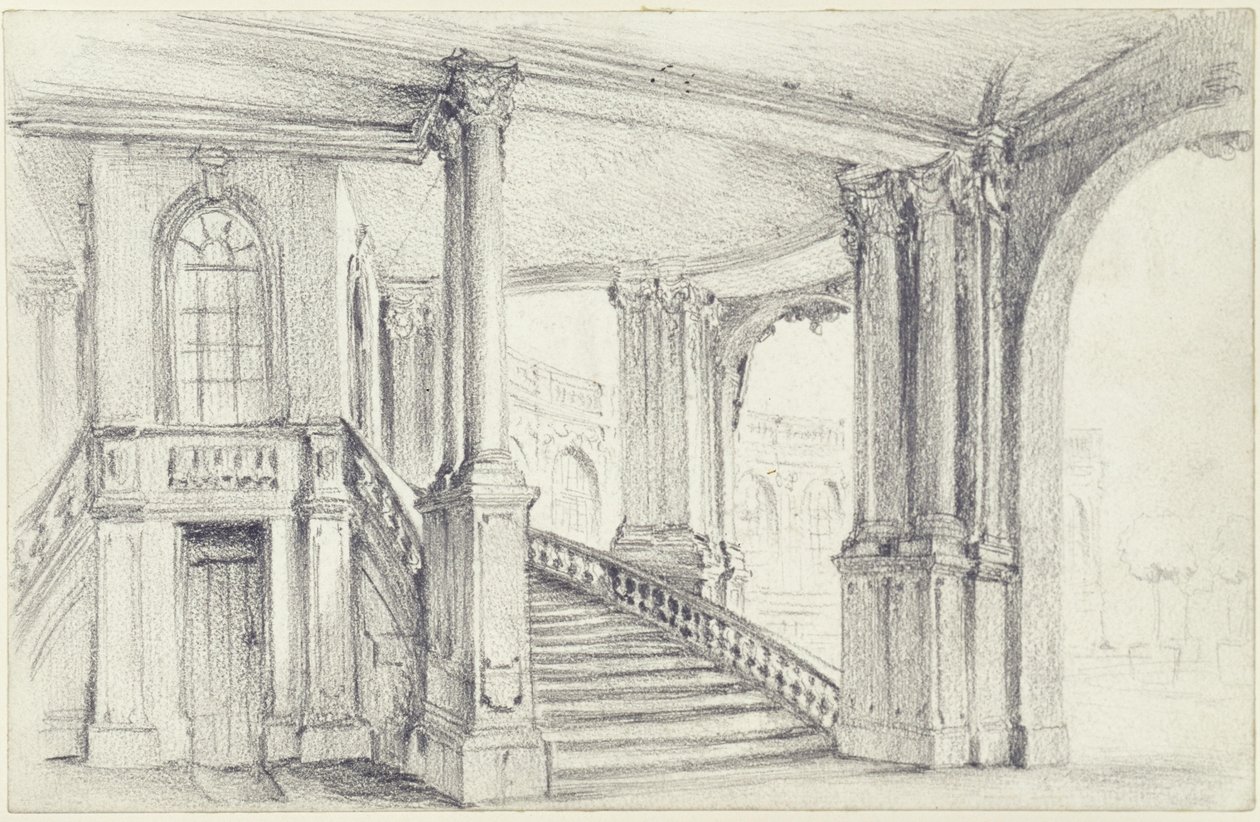 Pohled přes městský pavilon na jihovýchodní arkádovou galerii ve Zwingeru v Drážďanech od Adolph Menzel