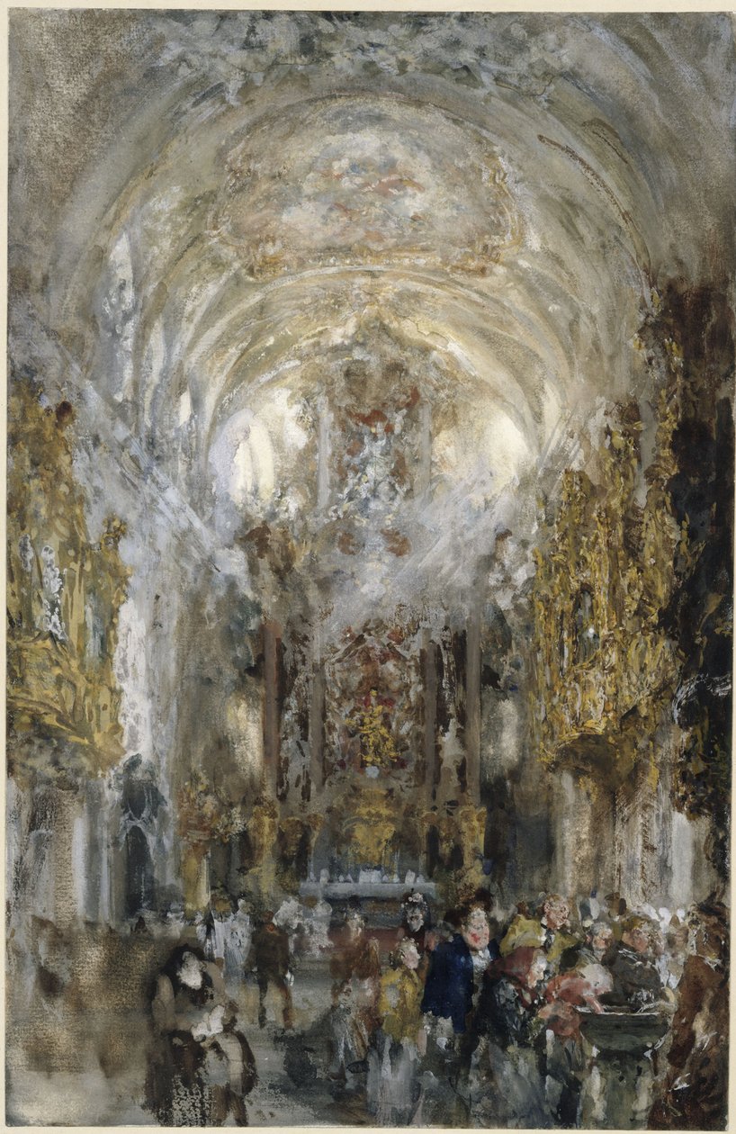 Pohled do kolegiátního kostela Panny Marie u Staré kaple v Řezně, vpravo vpředu osoby u kropenky od Adolph Menzel