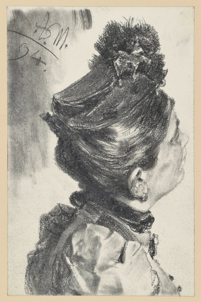 Poprsí dámy s kloboukem hledící vzhůru, obrácené doprava od Adolph Menzel