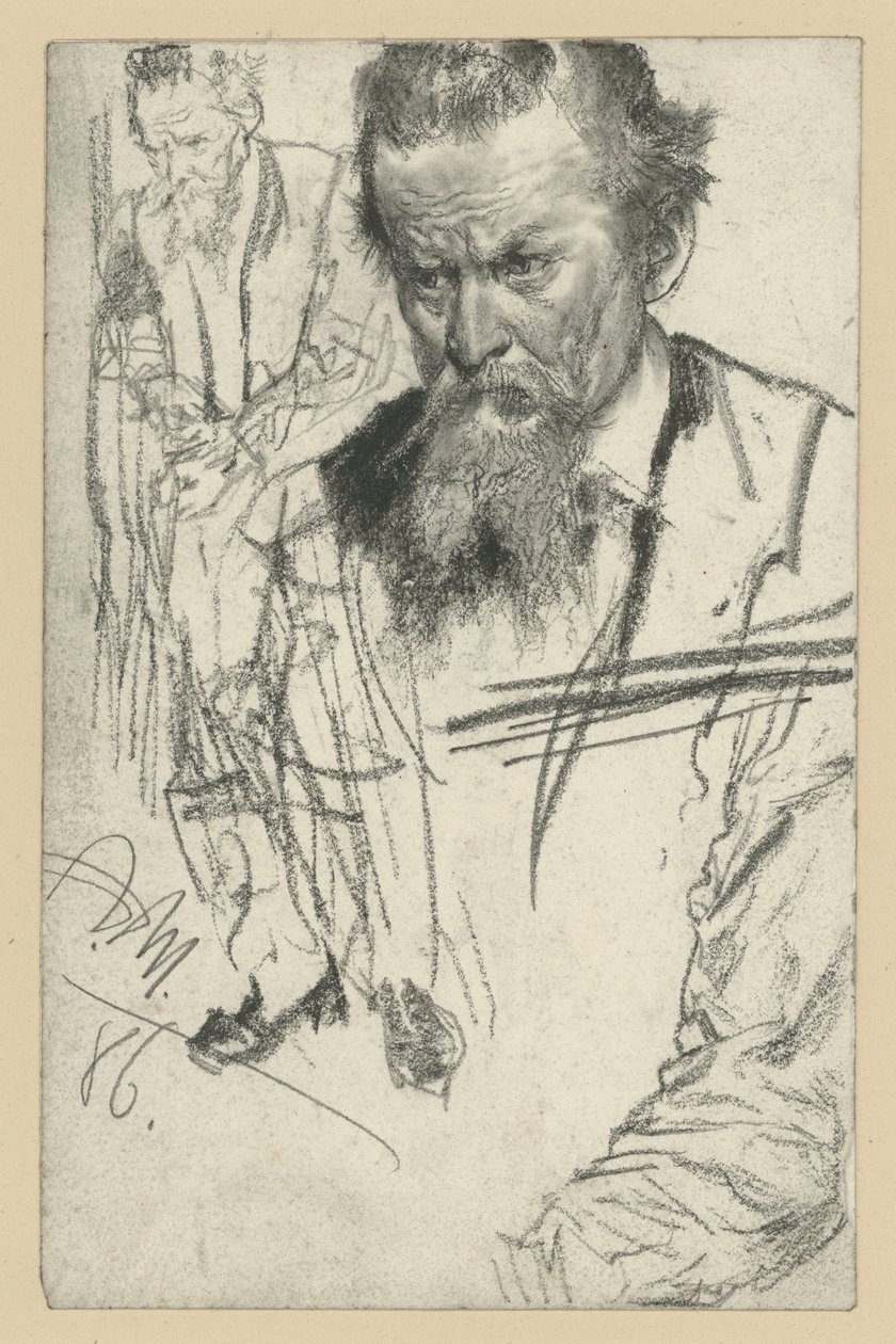 Poprsí muže s knírem, mírně nakloněného doleva, vlevo: stojící muž obrácený doleva, vpravo: studie rukávu od Adolph Menzel
