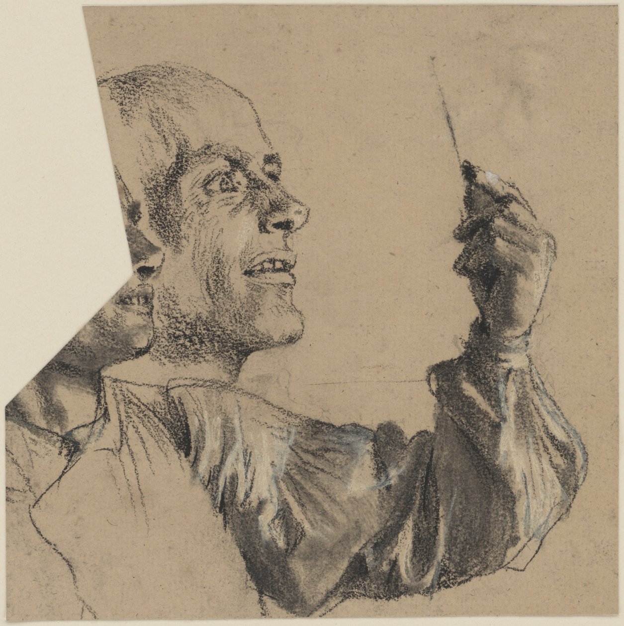 Poprsí muže s řídkými vlasy, profil obličeje a levá paže. Studie obličeje od Adolph Menzel