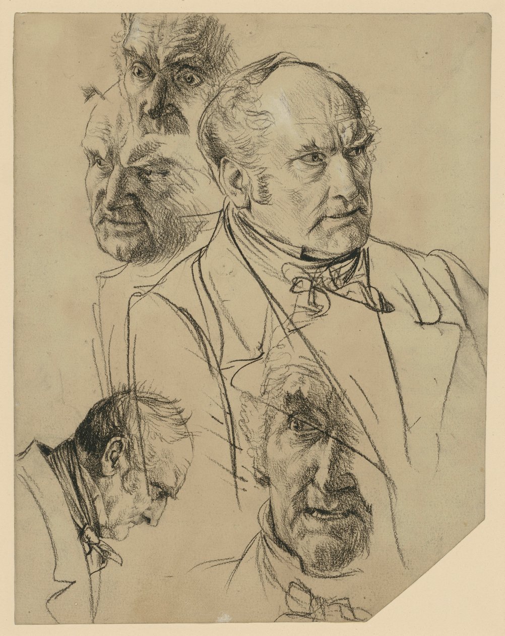 Portrét staršího muže z profilu vpravo, čtyři studie hlavy od Adolph Menzel
