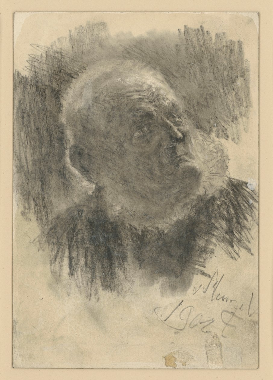 Poprsí starého muže se zednickou čepicí, hledícího vzhůru doprava od Adolph Menzel