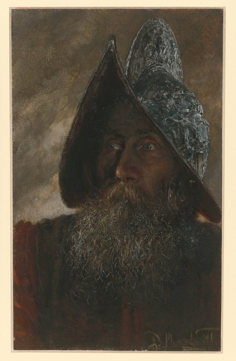 Busta vousatého vojáka s přilbou, mírně otočeného doleva od Adolph Menzel