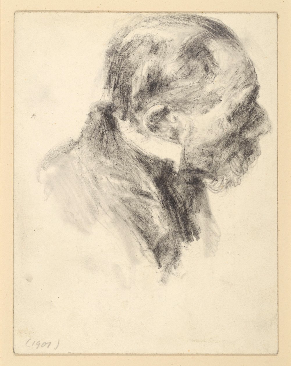 Busta vousatého staršího muže se stojatým límcem, předkloněného, obráceného doprava od Adolph Menzel