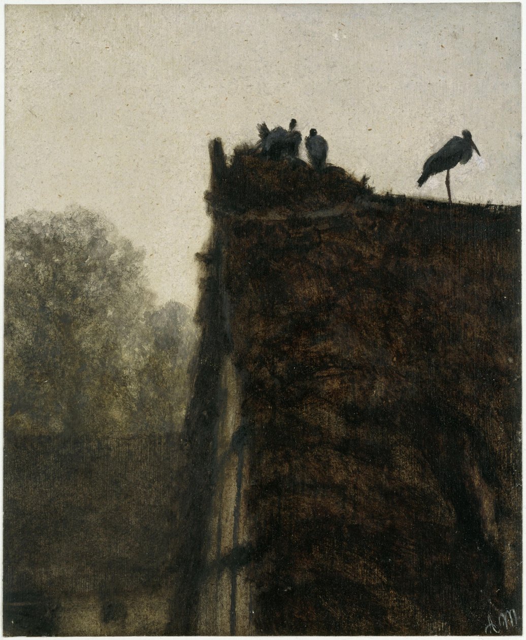 Čápí hnízdo na doškové střeše. Z „Dětského alba“ od Adolph Menzel